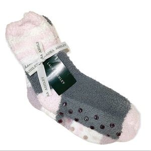 New Laura Ashley 2 Cozy Warm Pink and Gray Socks with Gripper